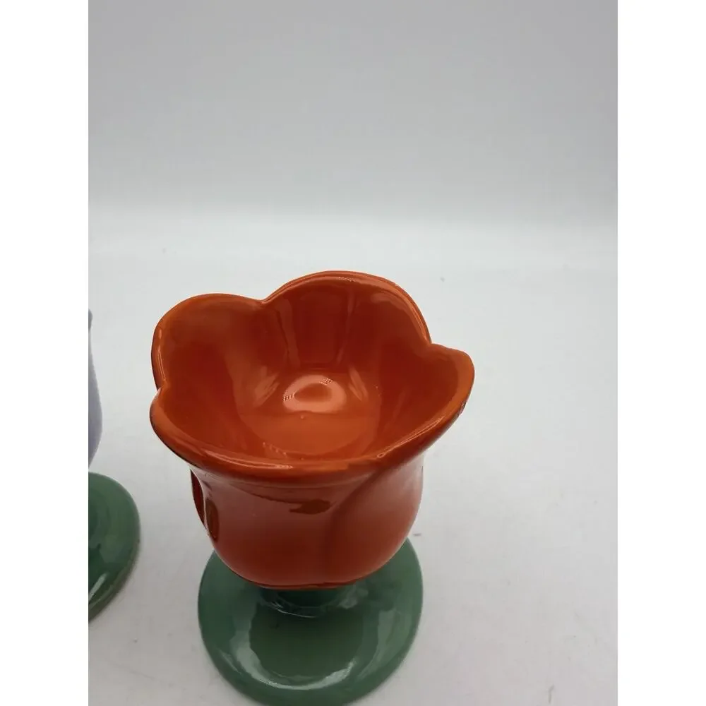 Set of 3 Ceramic Tulip Flower Egg Cups, Multicolor Glossy Pedestal Holders